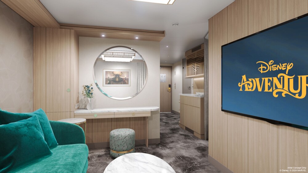 An artist rendering of a Disney Adventure Concierge Inside Family Stateroom living room with a sofa, tables, desk, mirror and TV
