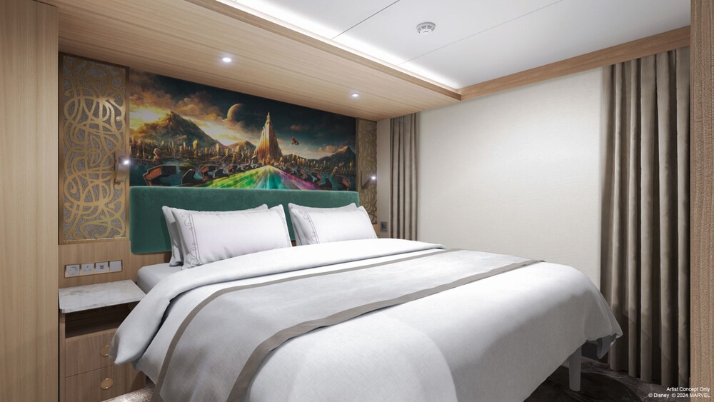 An artist rendering of a Disney Adventure Concierge Inside Family Stateroom bedroom with a bed, side table and artwork inspired by Thor