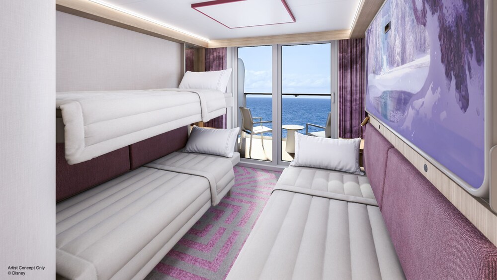An artist rendering of a Stateroom with Verandah on the Disney Adventure with 3 fold down beds, artwork inspired by Frozen and a verandah with an ocean view