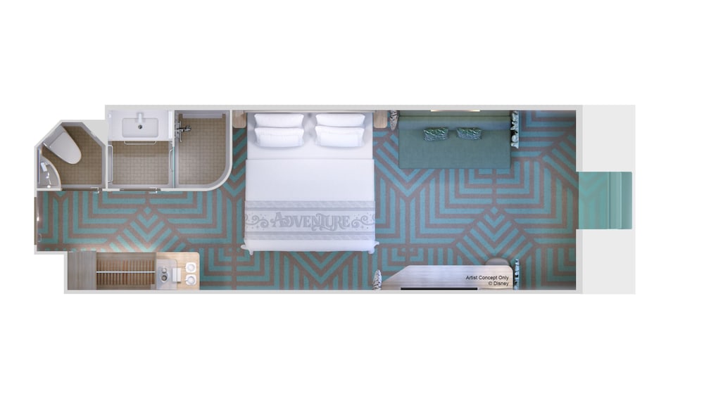 An artist rendering of a Deluxe Oceanview stateroom floor plan with a bathroom, closet, sofa, bed and window