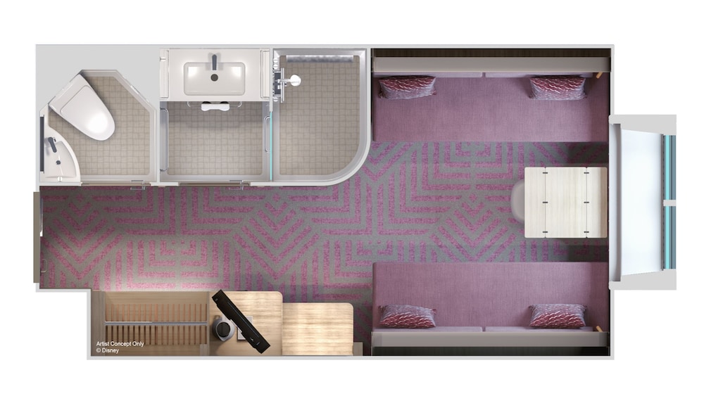 An artist rendering of an Oceanview stateroom floor plan with a bathroom, closet, TV, table, window, sofas, fold down beds and a window