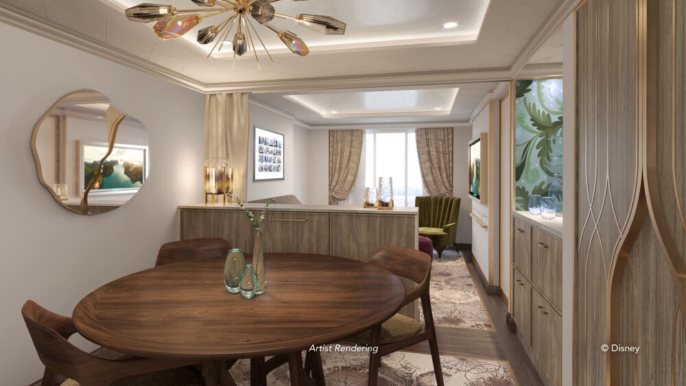 An artist rendering of a Disney Destiny Concierge 1 Bedroom Suite with Verandah Stateroom living area with a mirror, a dining table, a sofa, a chair and a cabinet