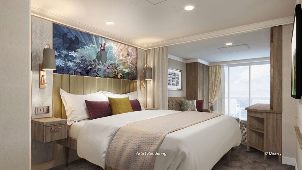 An artist rendering of a Disney Destiny Concierge 1 Bedroom Suite with Verandah Stateroom with artwork inspired by Hercules, a bed, a sofa, a cabinet, a verandah with an ocean view and a vanity