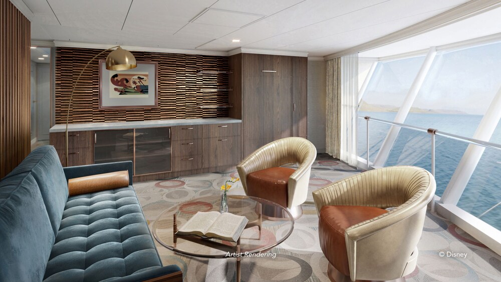 An artist rendering of a Disney Destiny Concierge 1 Bedroom Suite with Verandah Stateroom with a sofa, a cabinet, 2 chairs, a low table and a window with an ocean view. 