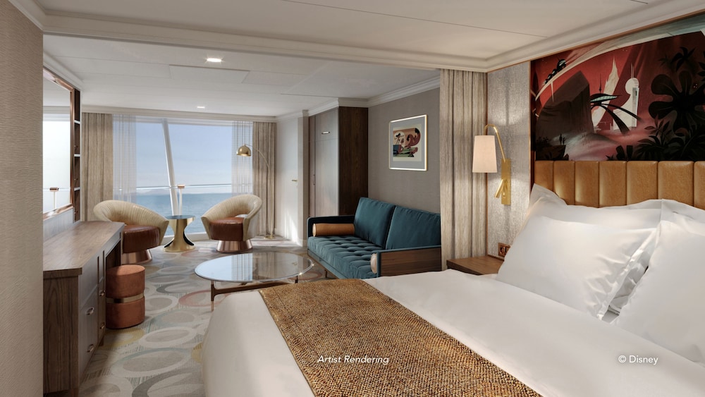 An artist rendering of a Disney Destiny Concierge Family Oceanview Stateroom with a vanity, two chairs, a low table, a verandah with an ocean view, a sofa and a bed