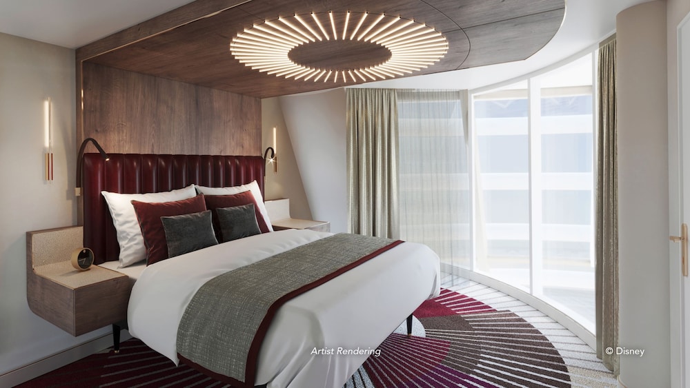 An artist rendering of the Disney Destiny Concierge Tower Suite Stateroom with a bed and a window with exterior view