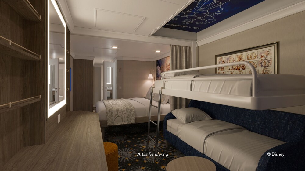 An artist rendering of a Disney Destiny Deluxe Family Oceanview with Verandah Stateroom with a vanity, a closet, a bed and a sofa