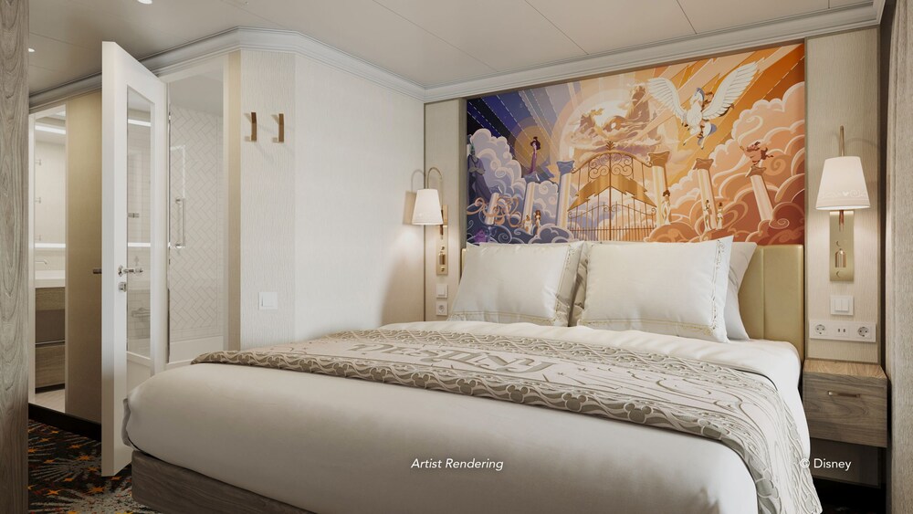 An artist rendering of a Disney Destiny Deluxe Oceanview Stateroom with a private bathroom, a bed and artwork inspired by Hercules
