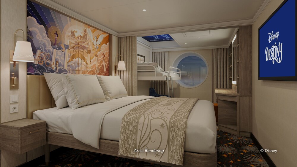 An artist rendering of a Disney Destiny Deluxe Oceanview Stateroom with a bed, a sofa, a porthole with ocean view, a TV and a vanity