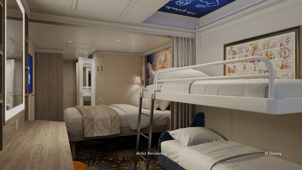 An artist rendering of a Disney Destiny Deluxe Oceanview Stateroom with a vanity, a TV, a closet, a bed and a bunk bed