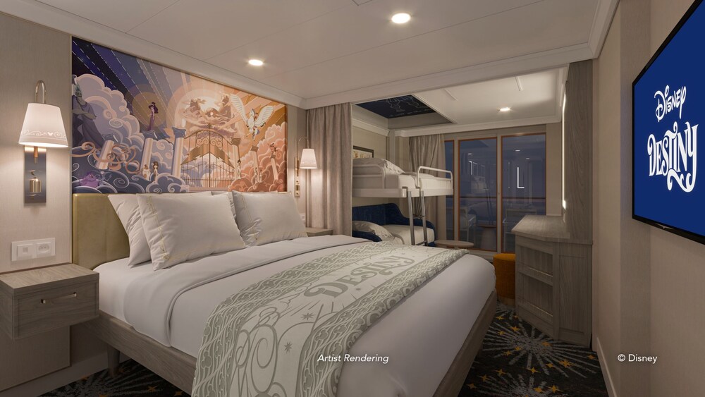An artist rendering of a Disney Destiny Deluxe Oceanview with Verandah Stateroom on the Disney Destiny with a bed, sofa, artwork inspired by Hercules and a verandah with an ocean view