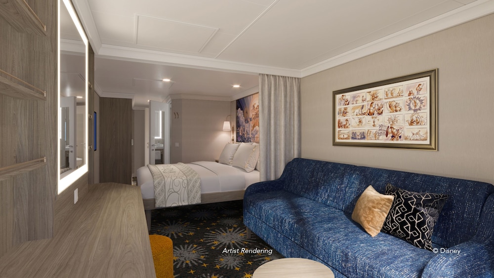 An artist rendering of a Disney Destiny Deluxe Oceanview with Verandah Stateroom with a vanity, a closet, a bed and a sofa