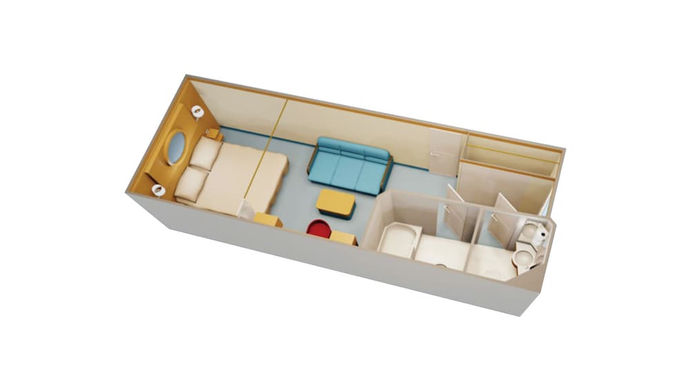 An artist rendering of a Disney Cruise Line Deluxe Inside Stateroom with a bed, a sleeper sofa, a low table, a closet, 2 bathrooms and a desk