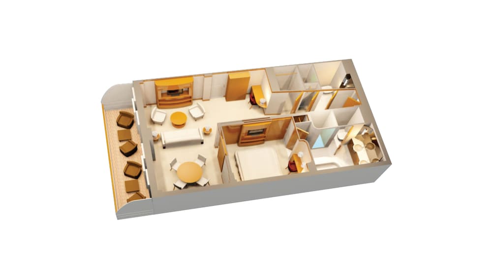 An artist rendering of a Disney Cruise Line Concierge 1 Bedroom Suite with Verandah Stateroom with a verandah with an ocean view, a living room, a closet, a bathroom, a bedroom and a dining table