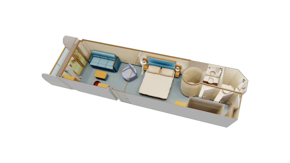 An artist rendering of a Disney Cruise Line Concierge Verandah Stateroom with a verandah with an ocean view, a sleeper sofa, a low table, a bed, a bathroom and a closety
