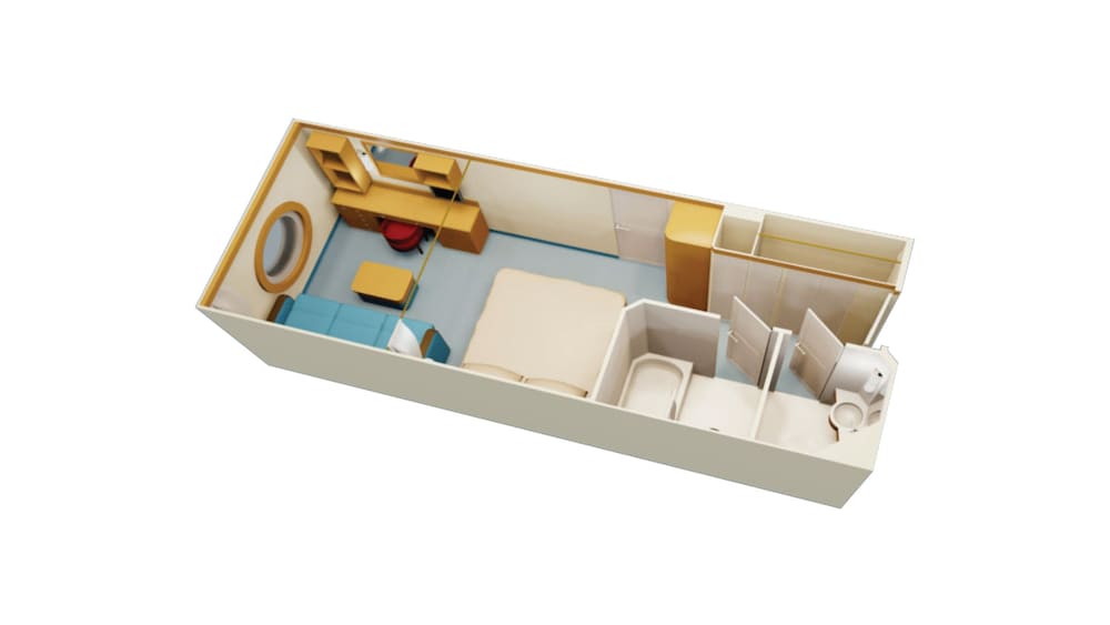 An artist rendering of a Disney Cruise Line Deluxe Oceanview Stateroom with a desk, storage shelves, a closet, 2 bathrooms, a bed, a sofa, a low table and a porthole with an ocean view