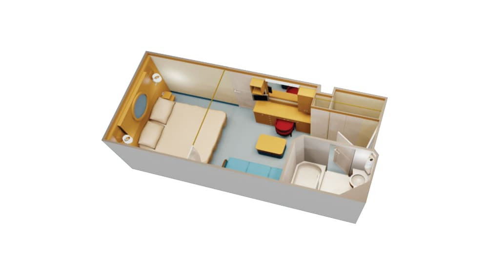 An artist rendering of a Disney Cruise Line Standard Inside Stateroom with a bed, a desk, a closet, a bathroom, a sleeper sofa and a low table 