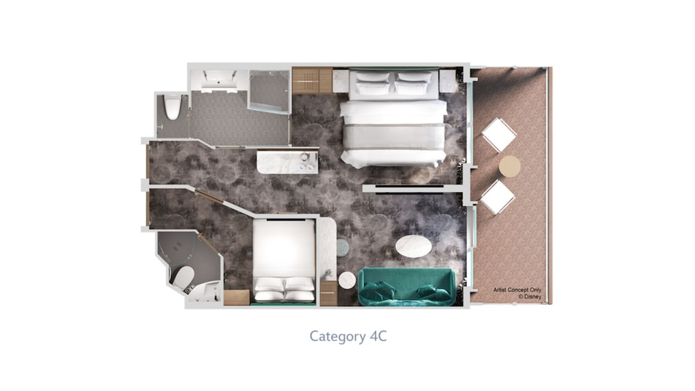 An artist rendering of a Concierge Family Oceanview with Verandah Stateroom floor plan with a living area, 2 bathrooms, 2 bedrooms and a verandah with 2 chairs and a table