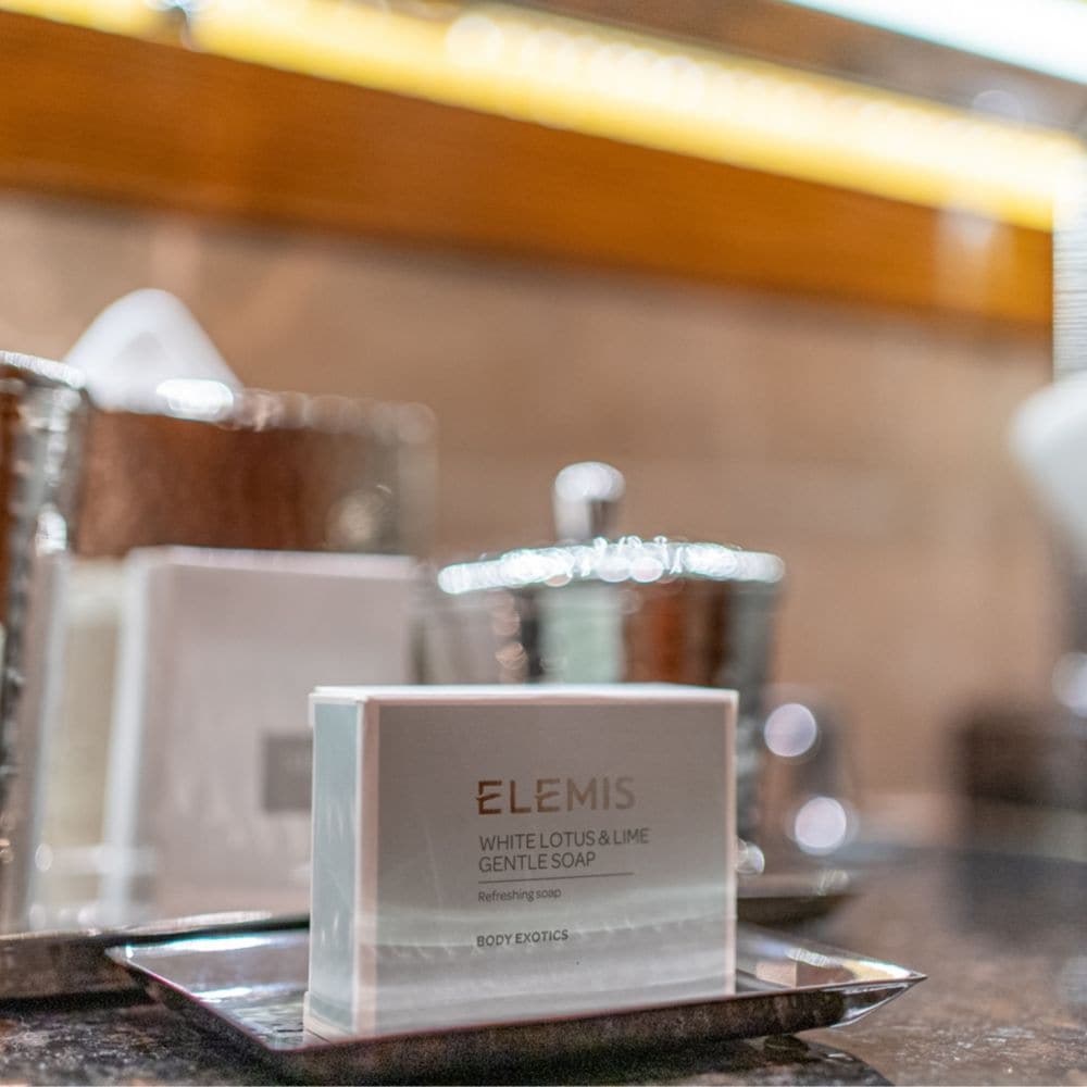 Elemis bar soap in a tray on a bathroom counter