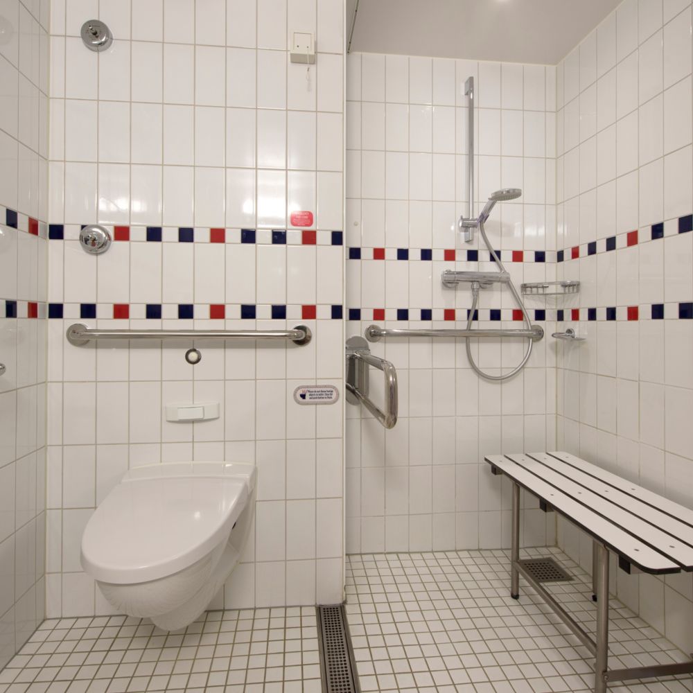 An accessible bathroom in a Disney Cruise Line stateroom with a toilet, a walk in shower and a bench