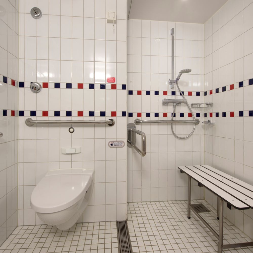 An accessible bathroom in a Disney Cruise Line ship with a toilet, a walk in shower and a bench