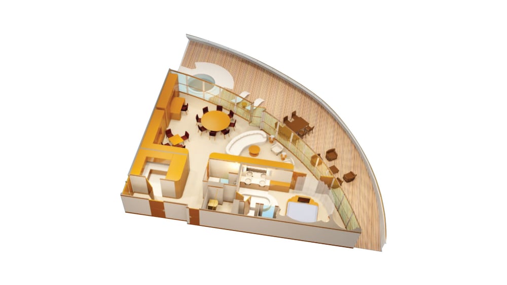 An artist rendering of a Disney Cruise Line Concierge Royal Suite with Verandah Stateroom with a closet, a dining area, a living room, a bathroom, a bedroom and a verandah with an ocean view. 