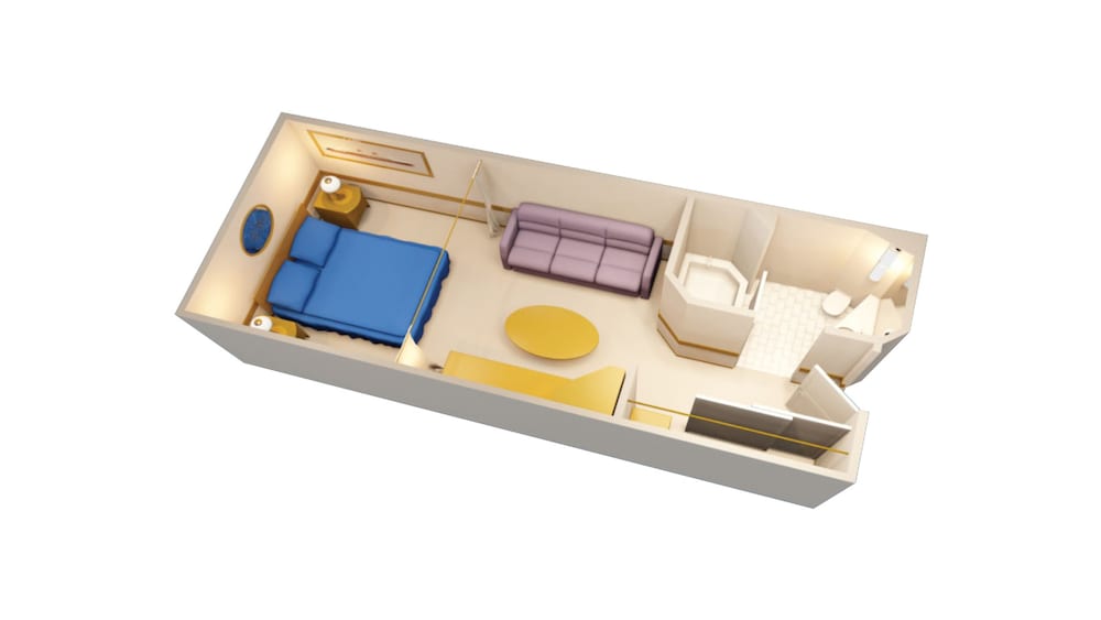 An artist rendering of a Disney Cruise Line Standard Inside stateroom floor plan with a bathroom, closet, sofa, table, desk and a bed