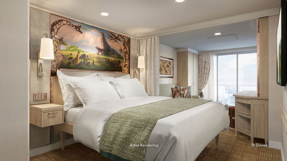 An artist rendering of a Disney Treasure Deluxe Family Oceanview with Verandah Stateroom with a bed, artwork inspired by The Lion King, a sofa, a verandah with an ocean view, a vanity and a TV