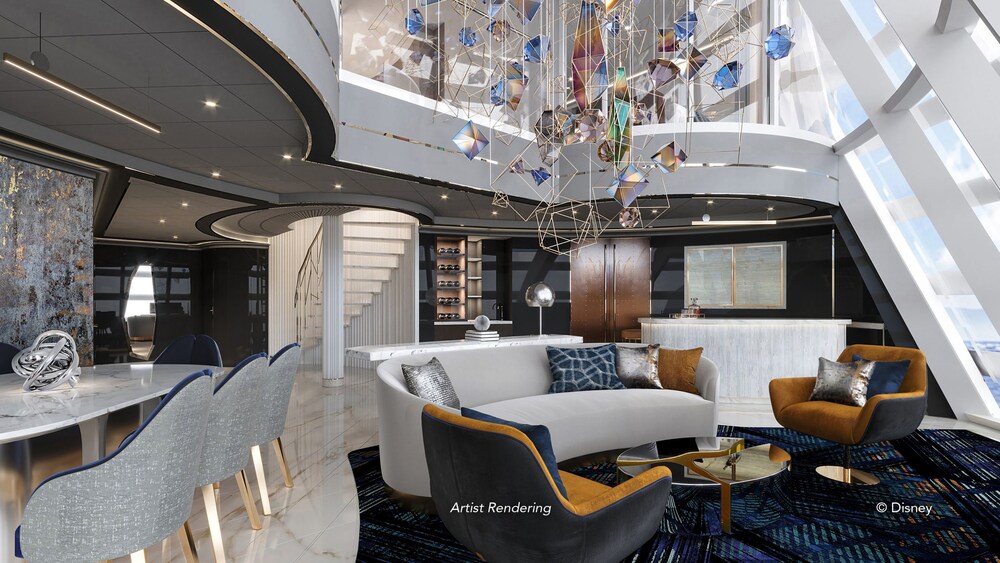 An artist rendering of a Disney Treasure Concierge Tower Suite Stateroom living area with a dining table, chairs, a couch, a low table, a window with ocean view and stairs
