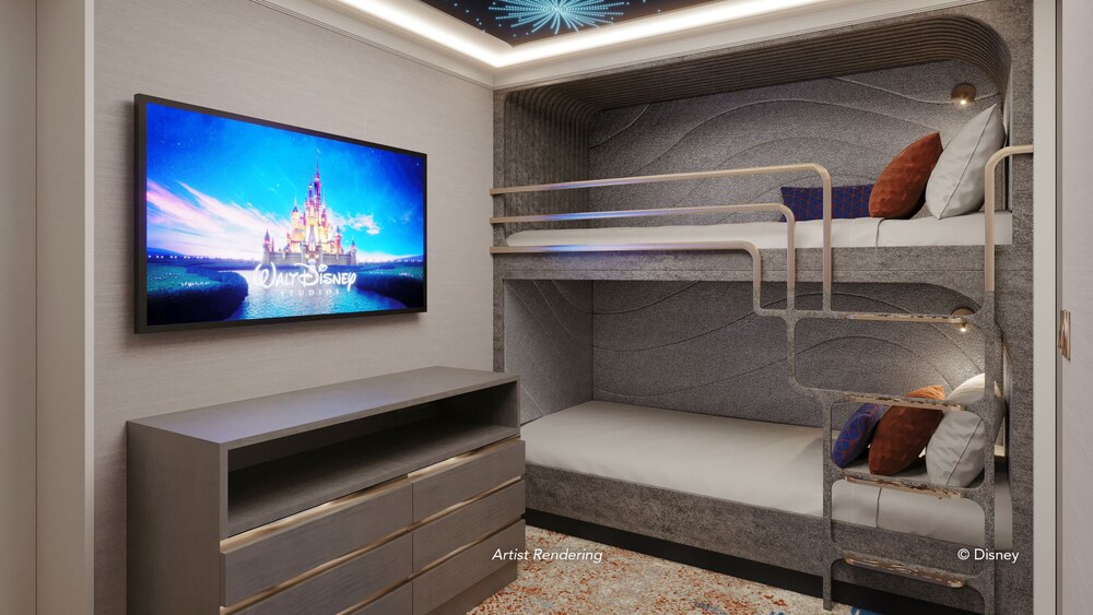 An artist rendering of a Disney Treasure Concierge Tower Suite Stateroom with a cabinet, a TV and 2 bunk beds