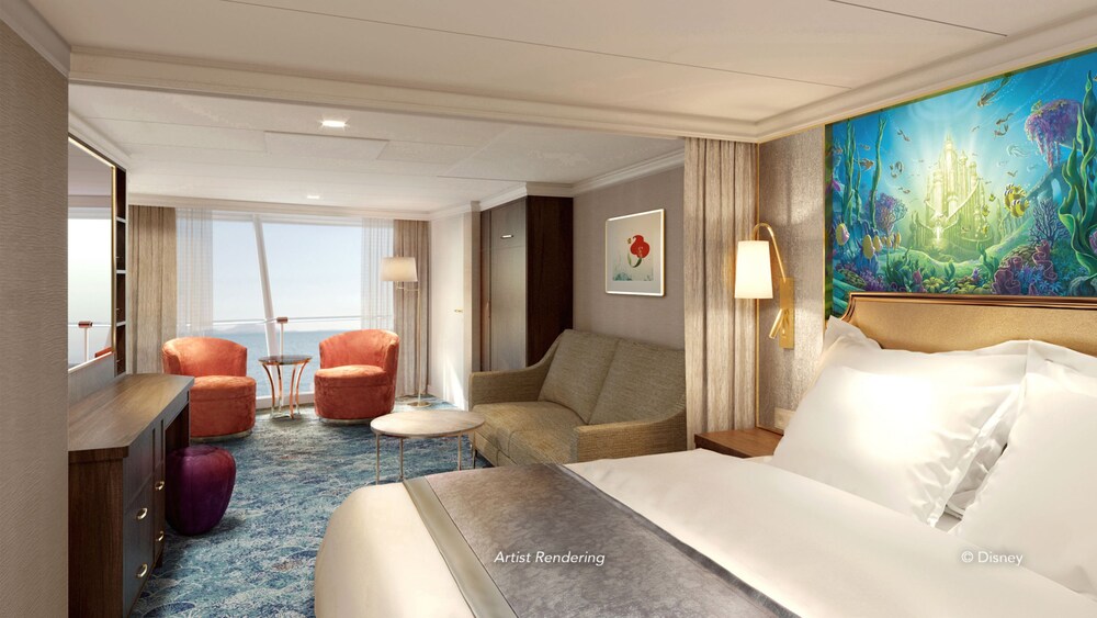 An artist rendering of a Disney Wish Concierge Family Oceanview Stateroom with a vanity, sofa, table, bed, artwork inspired by The Little Mermaid, 2 chairs and a window with an ocean view