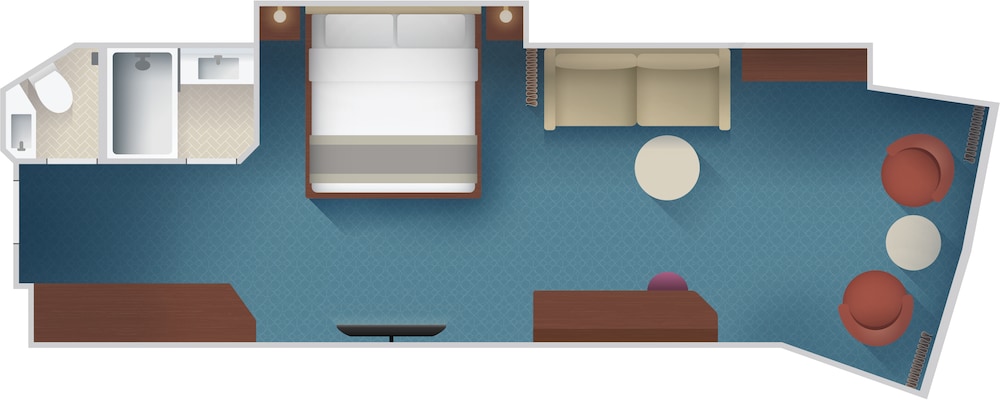 An artist rendering of a Disney Cruise Line Concierge Family Oceanview Stateroom with a bathroom, a bed, a sofa, a low table, 2 chairs, a vanity, a TV and a closet