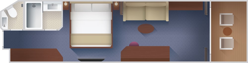 An artist rendering of a Disney Cruise Line Concierge Family Oceanview with Verandah Stateroom with a bathroom, a bed, a sofa, a low table, a cabinet, a TV, a closet and a verandah with an ocean view
