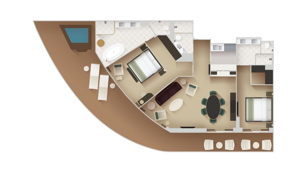 Representación artística de una suite Concierge de dos pisos con balcón de Disney Cruise Line que tiene dos habitaciones, dos baños, una sala de estar y un balcón con vista al mar