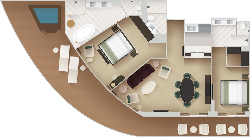 An artist rendering of a Disney Cruise Line Concierge 2 Story Suite with Verandah Stateroom with 2 bedrooms, 2 bathrooms, a living room and a verandah with ocean view