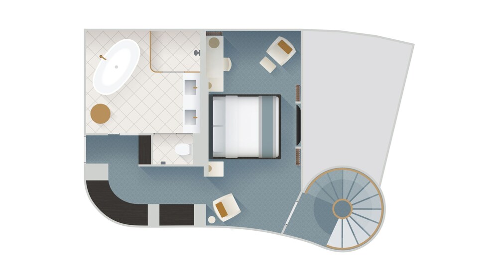 Representación artística de una suite Concierge con balcón de dos pisos de Disney Cruise Line, con un baño, una cama, una ventana con vista al mar, escaleras y un armario