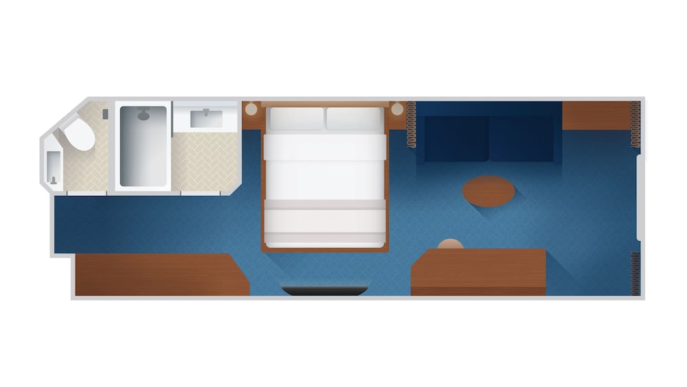 An artist rendering of a Disney Cruise Line Deluxe Family Oceanview Stateroom floor plan with a bed, sofa, table, desk, closet, bathroom, window and 2 nightstands