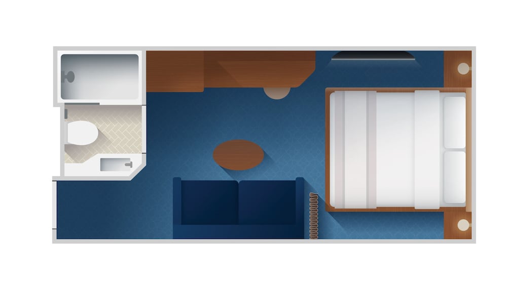 An artist rendering of a Disney Cruise Line Inside Stateroom with a bathroom, a vanity, a TV, a bed, a sleeper sofa and a table