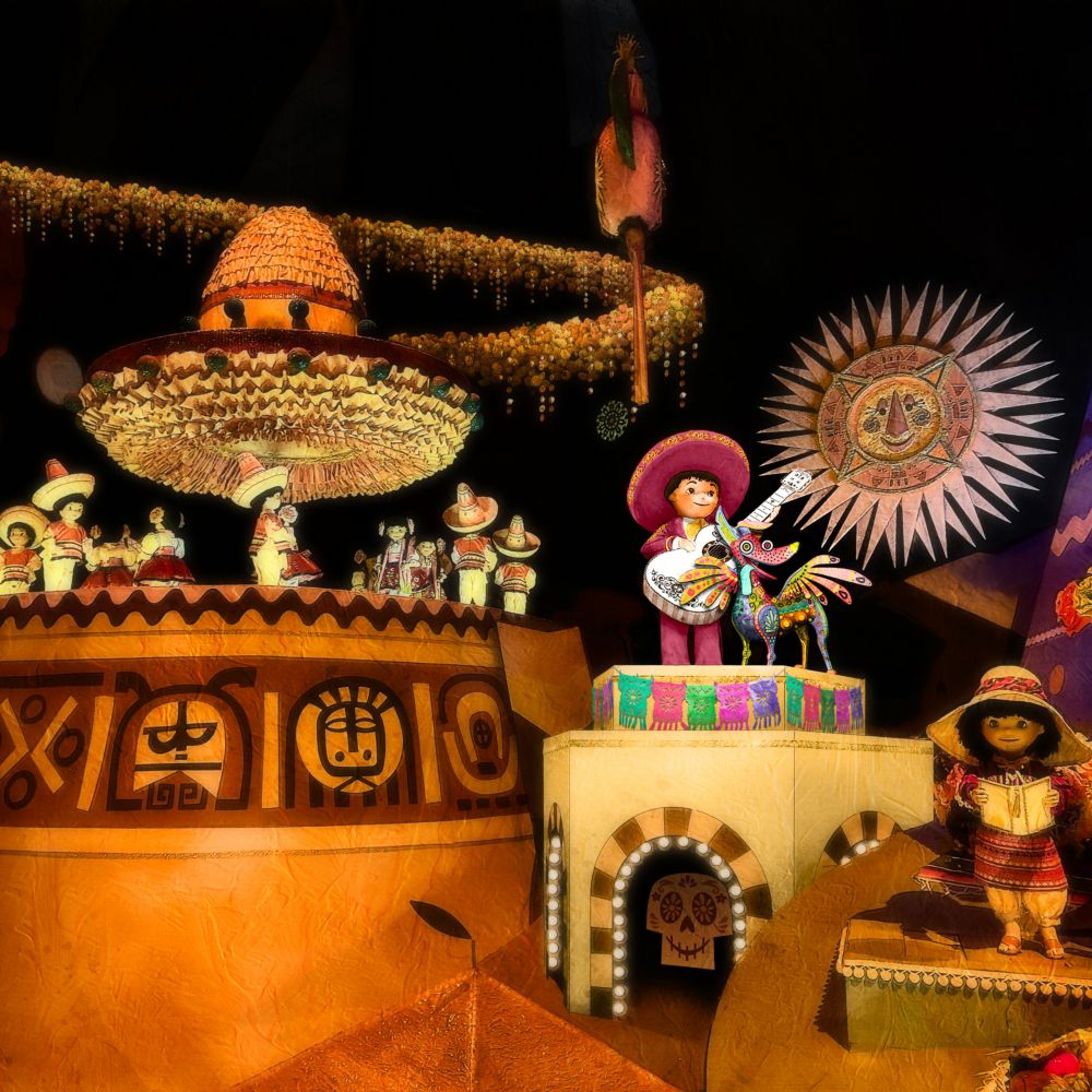 An artist rendering of Miguel and Dante from Coco alongside other Mexican children in “it’s a small world”