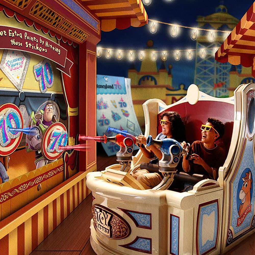 Una representación artística de las mejoras del 70.º Aniversario en Toy Story Midway Mania.