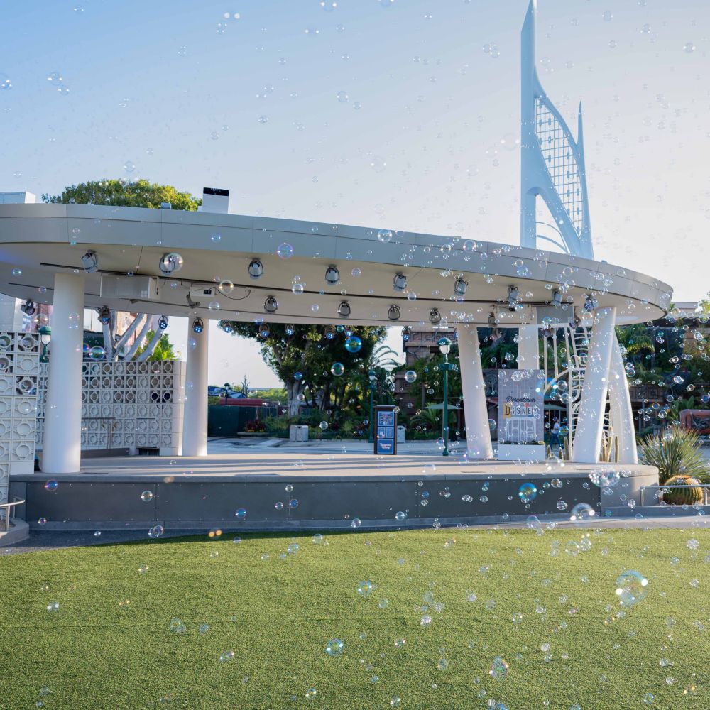 Bubbles floating in front of the Downtown Disney Live! Stage in Downtown Disney District