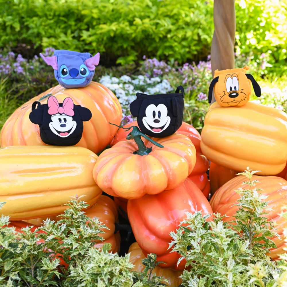A stack of pumpkins topped with 5 bags featuring Minnie Mouse, Stitch, Mickey Mouse, Pluto and Goofy 