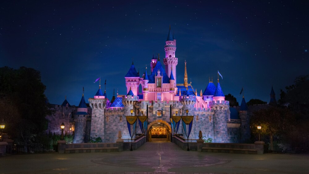Sleeping Beauty Castle illuminated at night