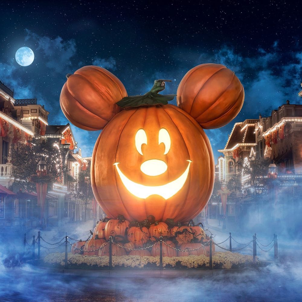 A Giant Mickey Pumpkin on Main Street U.S.A., during Halloween Time at the Disneyland Resort.