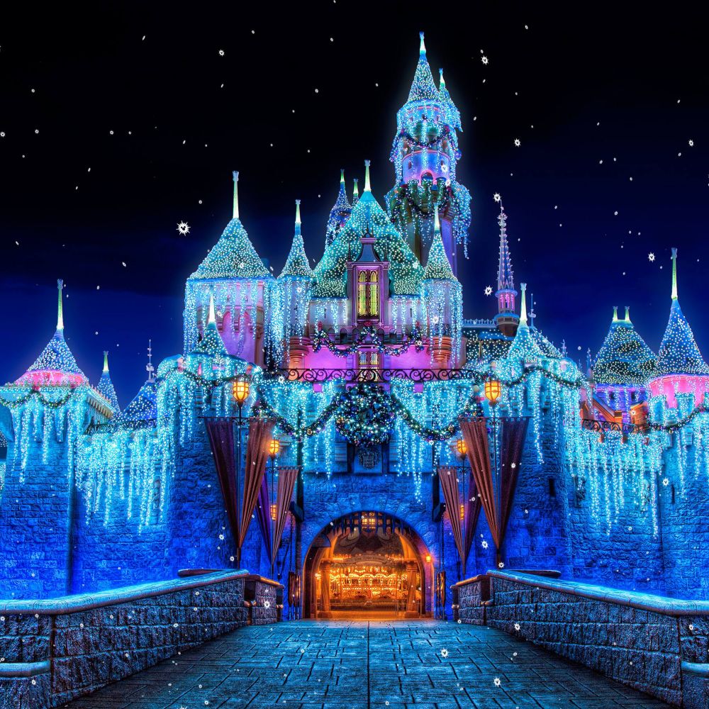 Sleeping Beauty Castle decorated with lights during a nighttime winter celebration