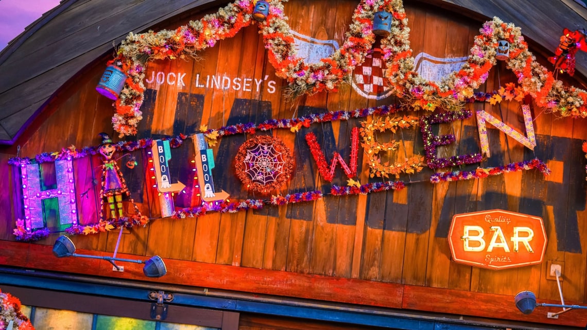 Jock Lindsey’s Hangar Bar, themed for autumn festivities with the word Halloween covering Hangar