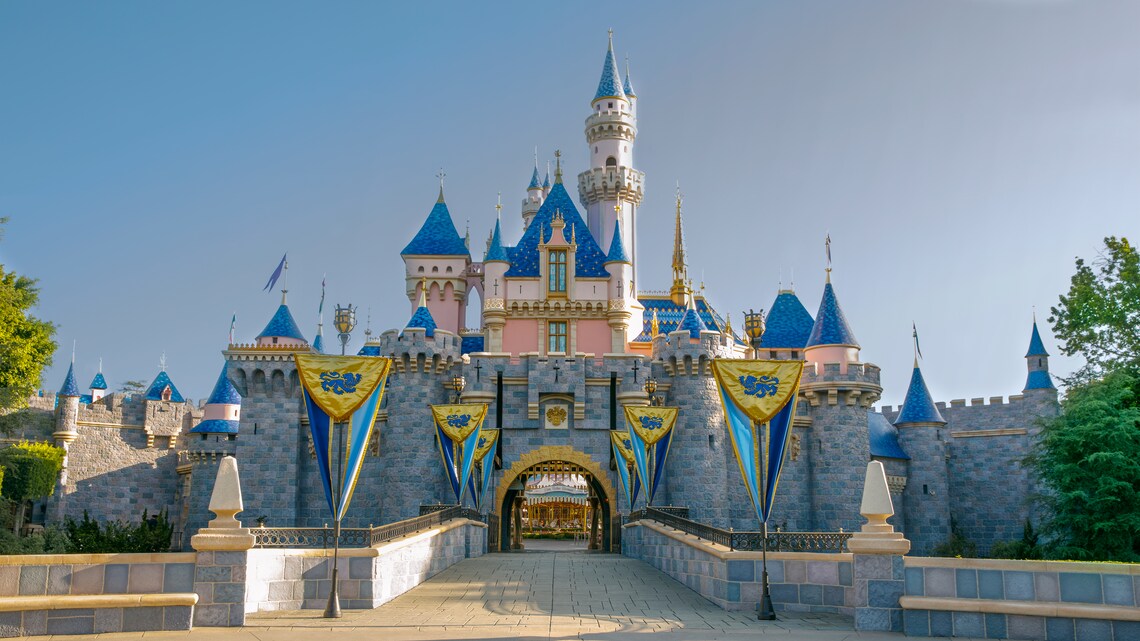 Exterior view of Sleeping Beauty Castle inside Fantasyland at Disneyland Park in Anaheim, CA