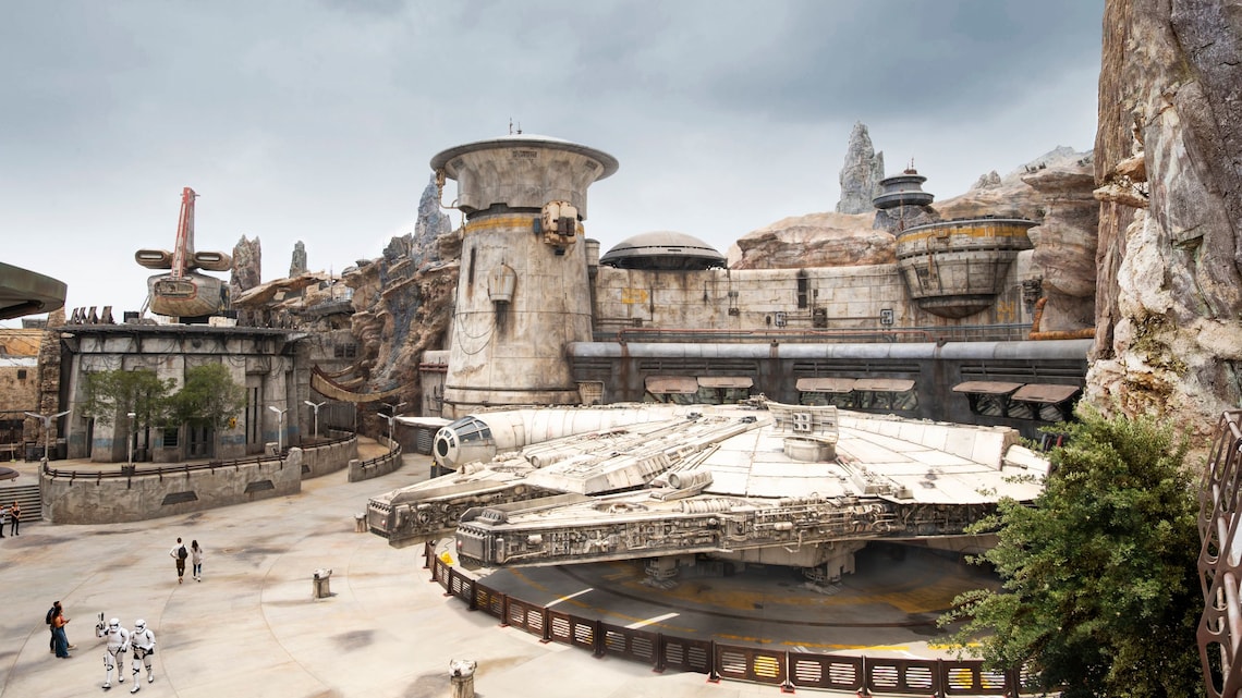 A First Order star ship nested in Star Wars Galaxy's Edge