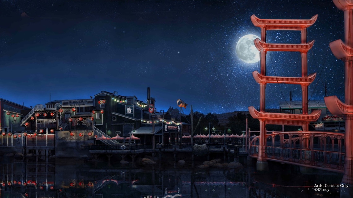 Representación artística de San Fransokyo Square por la noche