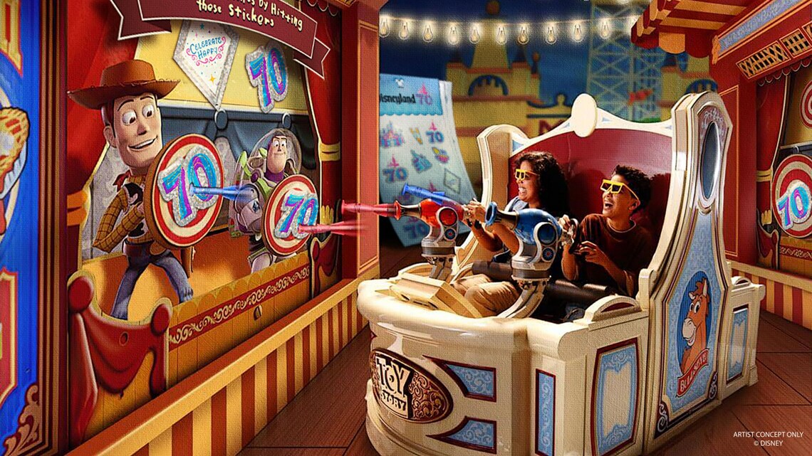 Una representación artística de las mejoras del 70.º Aniversario en Toy Story Midway Mania.